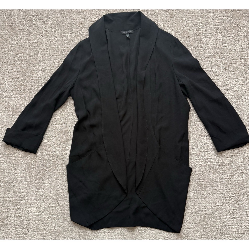 Eileen Fisher Black 100% Silk Georgette Open Front Jacket Cardigan Lapel Top XS